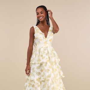 NWT! XS and S available! Ivory And Yellow Floral Burnout Tiered Maxi Dress White